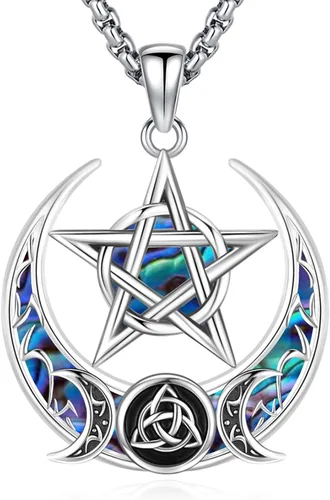 Miniatura 207 de Collar de pentagrama de plata de ley con triple luna, diosa celta, nudo celta, nudo de brujas, Ankh, sol y luna, Hécate, lilith, Santa Muerte