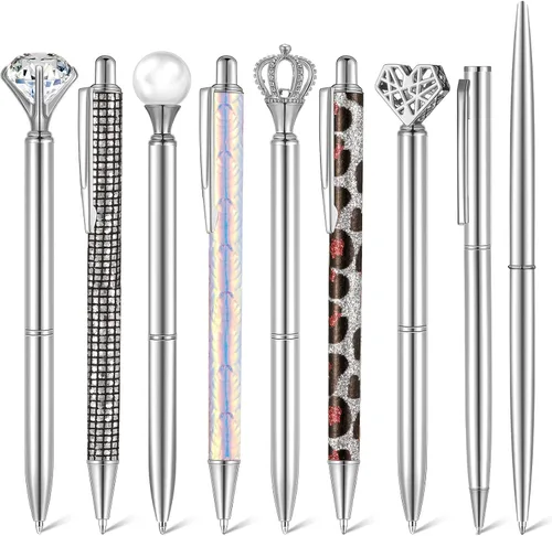 Miniatura 8 de Janmini Juego de 9 bolígrafos de punta de bola de metal con diamantes de cristal y purpurina para diario, tinta negra, cosas bonitas y lindas
