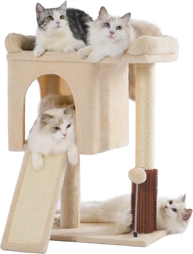 Torre de árbol pequeño para gatos grandes con cama superior espaciosa de 20 x 13.8 pulgadas, condominio privado para gatos, poste rascador de sisal