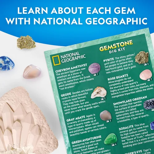Miniatura 6 de Kit de excavación de piedras preciosas de National Geographic – Excava 10 piedras preciosas y cristales reales, kit científico para niños, kit