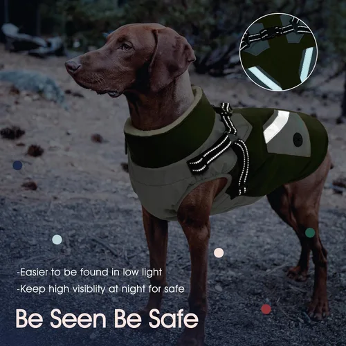 Miniatura 4 de IECOii Abrigo para perro con arnés integrado, verde, grande, abrigo de invierno impermeable, chaqueta de nieve con forro polar para perros Verde