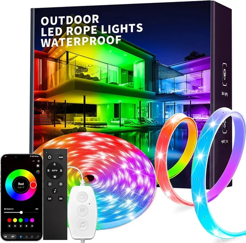 KSIPZE Tiras de luces LED al aire libre impermeables IP68, luces LED al aire libre RGB con botón y control de aplicación Bluetooth, sincronización