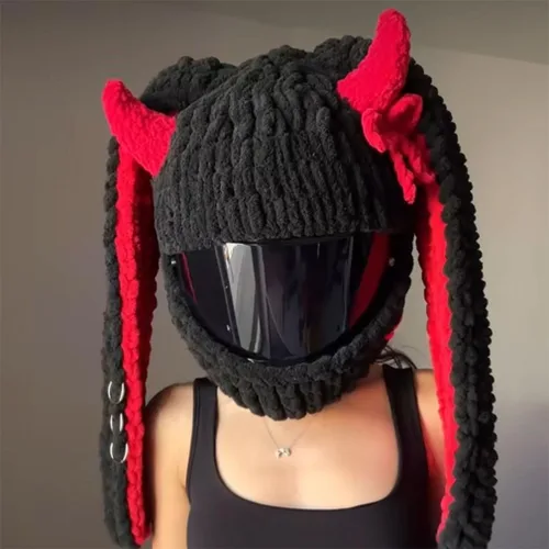 Miniatura 7 de Lindas fundas para casco de motocicleta con orejas de gato/conejo, cubierta de decoración de casco de cara completa divertida de felpa, gorro