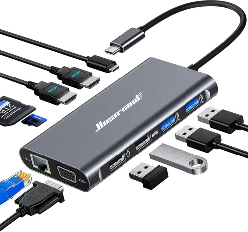 Hiearcool Concentrador USB C, estación de acoplamiento para laptop USB-C, adaptador tipo C de pantalla triple 11 en 1 compatible con Dell Hp Lenovo