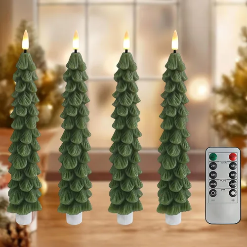 Velas sin llama parpadeantes de árboles de Navidad verdes con control remoto y temporizador, velas LED de cera real con mecha de llama 3D, velas de