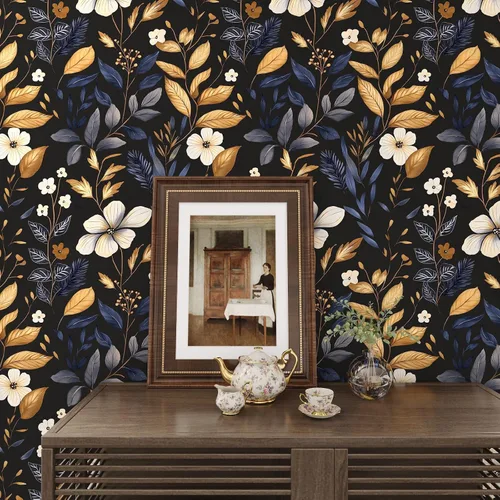 Miniatura 2 de Laatse Papel Tapiz de Hoja Azul/Dorada Despegar y Pegar Papel Tapiz Vintage Floral Oscuro Impermeable Autoadhesivo Removible Boho Papel de Pared
