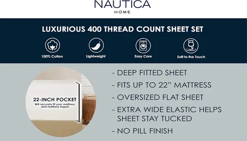 Miniatura 5 de Nautica - Sábanas tamaño King, ropa de cama de satén de algodón, 400 hilos, sedosas y resistentes a las arrugas (blanco regata, King)