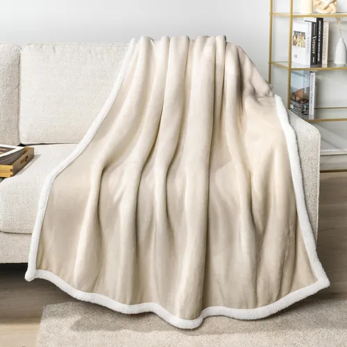 Miniatura 2 de PAVILIA Manta de forro polar Sherpa para sofá, tamaño Twin, color beige crema, manta de felpa suave y esponjosa, acogedora manta de invierno Latte