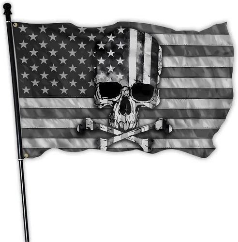 Bandera de calavera pirata de 3 x 5 pies, divertidas banderas estadounidenses en blanco y negro y bandera de barco con huesos cruzados para Bandera