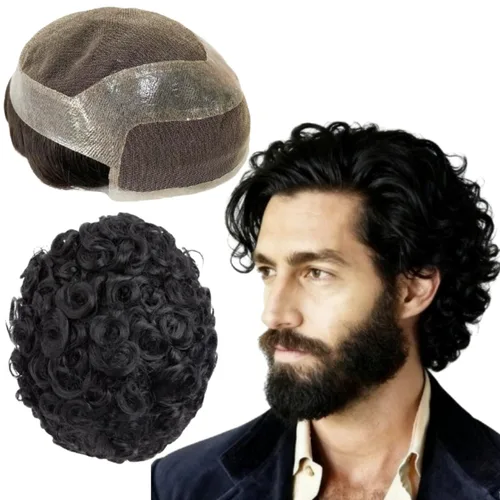 Toupee - Pelucas de cabello humano para hombre, tupé europeo virgen, unidades de cabello humano ondulado, peluca para hombre, sistema de reemplazo