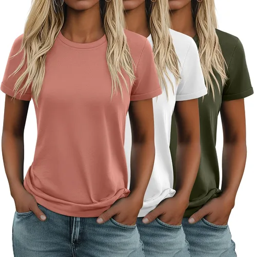 Miniatura 20 de Huukeay Paquete de 3 camisetas de algodón para mujer, estilo casual, de manga corta, cuello redondo, ajuste holgado, básica, lisa
