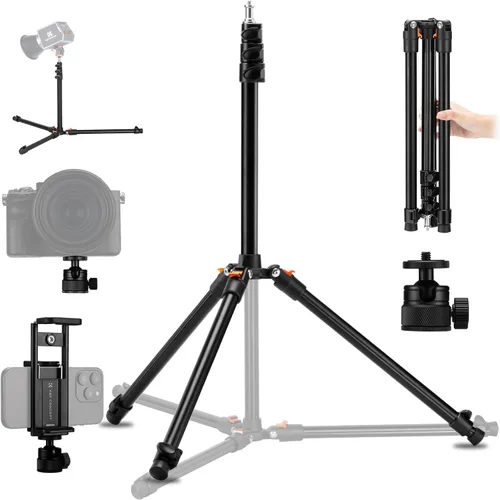 K&F CONCEPT Soporte de luz, trípode de aluminio de 8.5 ft/8.5 pies con cabeza de bola y soporte para tableta de teléfono, soporte de fotografía