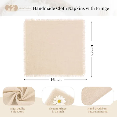 Miniatura 2 de Paquete de 12 servilletas de lino y algodón beige de 16 x 16 pulgadas, hechas a mano con flecos, servilletas de tela suave, lavables y rústicas