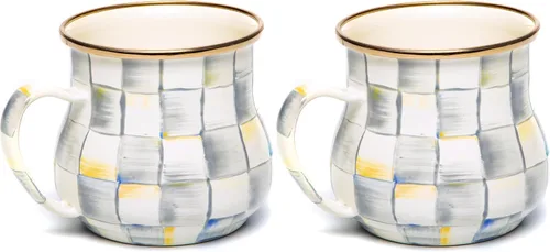 Miniatura 13 de MACKENZIE-CHILDS Taza de esmalte, linda taza de café y té de esmalte, vajilla única, 16 onzas, cuadro de corte negro y blanco, juego de 4