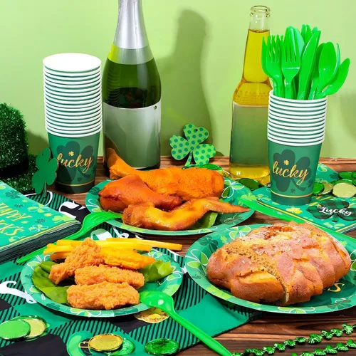 Miniatura 4 de 210 piezas de suministros para fiesta del Día de San Patricio, platos, servilletas, vasos, trébol irlandés, fiesta, desechables, platos de postre