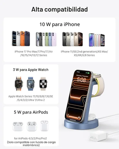 Miniatura 4 de Estación de carga 3 en 1 para iPhone, cargador inalámbrico para iPhone 17 16e 16 15 14 13 12 11 X Pro Max y Apple Watch - Soporte de carga para Azul