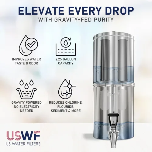 Miniatura 2 de Sistema de filtro de agua alimentado por gravedad USWF, 2.25 galones de acero inoxidable, con 2 filtros de carbón, 2 filtros de flúor, portátil