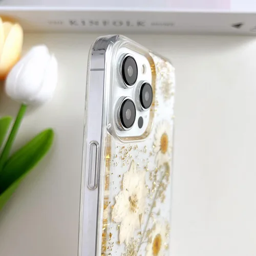 Miniatura 5 de LSEEKA Funda transparente para iPhone 13 Pro Max con diseño de flores reales prensadas, con purpurina, bonito patrón floral blanco, delgada, suave