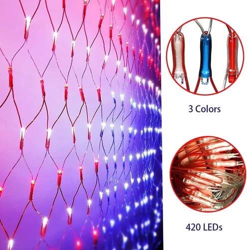 Miniatura 5 de Luces solares de bandera estadounidense, 420 luces LED impermeables de red de bandera estadounidense, decoraciones del día de la independencia, 8