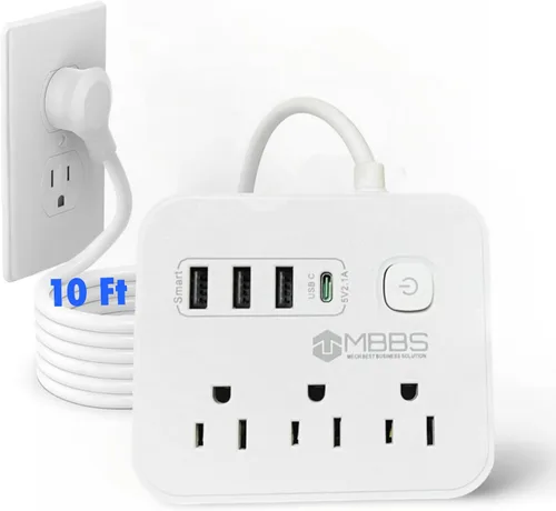 Miniatura 13 de Regleta protectora contra sobretensiones con USB C, protección 1200J, cable de extensión resistente, (7 en 1), 3 salidas de CA, 4 puertos USB, Blanco