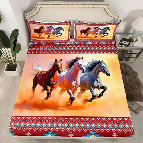 Miniatura 41 de Juego de ropa de cama de estilo bohemio occidental, tamaño individual, diseño de vaca atrapasueños, sábana bajera ajustable del suroeste, tribu