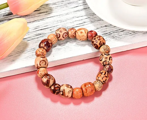 Miniatura 6 de Bememo - 400 piezas de cuentas de madera impresas de varias formas, cuentas de madera sueltas para hacer joyas, pulseras, collares, manualidades