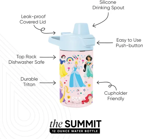 Miniatura 2 de Simple Modern Disney Princess - Botella de agua de plástico Tritan Summit para niños, taza sin BPA de 12 onzas con tapa cubierta con popote a prueba
