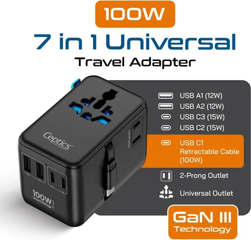 Miniatura 2 de Ceptics Adaptador de viaje universal GAN de 100 W con cable USB-C retráctil, 2 puertos USB-A y C, entrada universal y 1 entrada USA/JP, adaptador