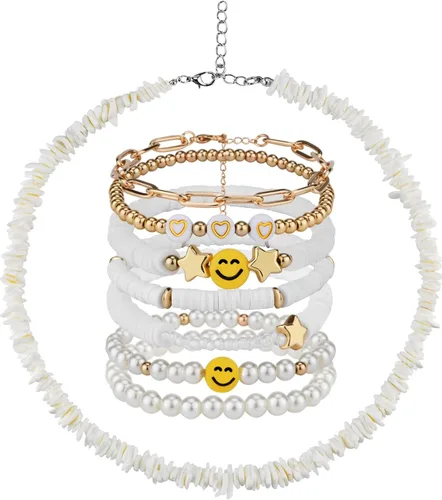 Miniatura 15 de Preppy Heishi - Juego de pulseras de surfista para niñas adolescentes, bonitos aretes estéticos, anillos estéticos preppy coloridos de oro blanco