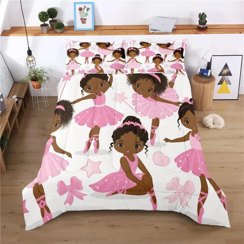Miniatura 4 de Juego de ropa de cama individual para niñas, juego de edredón mágico afroamericano con bailarina de ballet, juego de cama rosa para niños pequeños