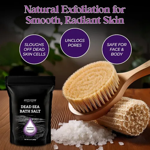 Miniatura 6 de Aromasong Sal pura del mar muerto para remojar con lavanda 100 % natural, 14 onzas, sal de baño de spa de grano fino, exfoliante de lavado corporal