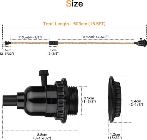 Miniatura 2 de Kit de luces colgantes de 16.5 pies, luces colgantes con cable de enchufe e interruptor, lámpara colgante de cuerda de cáñamo E26, cable de linterna