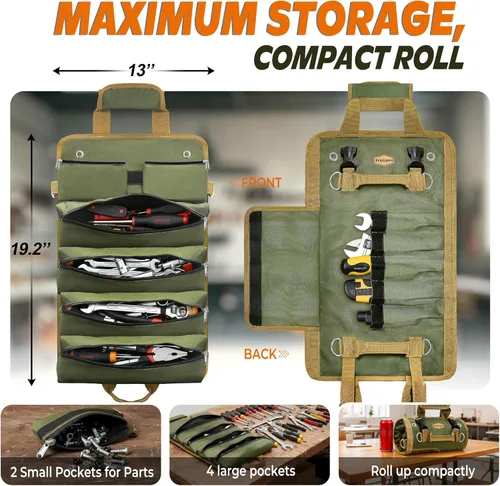 Miniatura 2 de Organizador de rollos de herramientas de lona resistente, bolsa multiusos para llaves con 6 bolsillos con cremallera, almacenamiento compacto