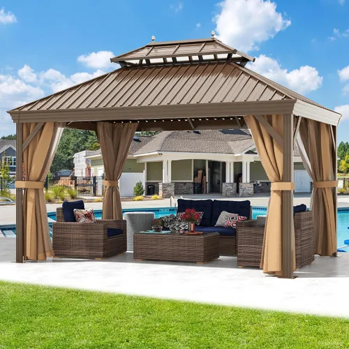 Miniatura 20 de DWVO Gazebo de techo rígido de 10 x 10 pies, techo doble con redes y cortinas, techo de rayas verticales de acero galvanizado resistente para patio