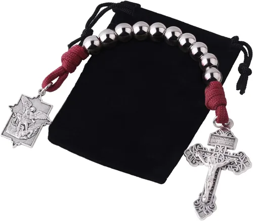 Miniatura 19 de Rosario de bolsillo estilo abierto una década de acero inoxidable rosario católico con crucifijo medalla de San Benito con bolsa de regalo
