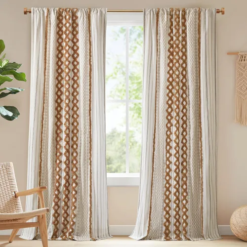Miniatura 16 de INK+IVY Cortinas Boho para Dormitorio PANEL ÚNICO Cortinas de Ventana para Sala de Estar, 100% Algodón con Rayas de Chenilla Copetuda Estilo Granja