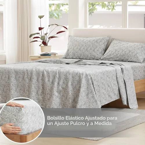 Miniatura 4 de Comfort Spaces Sábanas 100% algodón tamaño King, transpirables, naturalmente frescas, sábanas de algodón suave con bolsillo elástico de 14 pulgadas