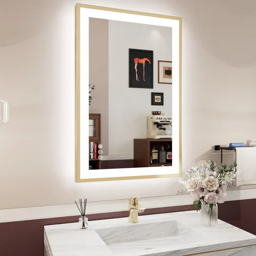 Miniatura 66 de Espejo de baño LED de 60x36 pulgadas con marco negro, espejos de baño retroiluminados y con luz frontal para pared, antiempañamiento, regulable