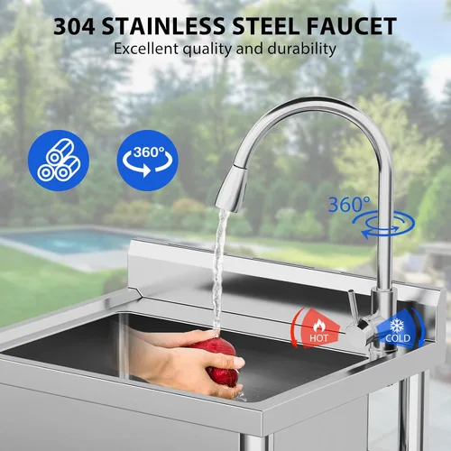 Miniatura 4 de Fregadero de cocina de acero inoxidable, fregadero utilitario de 24 x 20 x 41 pulgadas con grifo extraíble, grifo de agua caliente y fría, cuenco