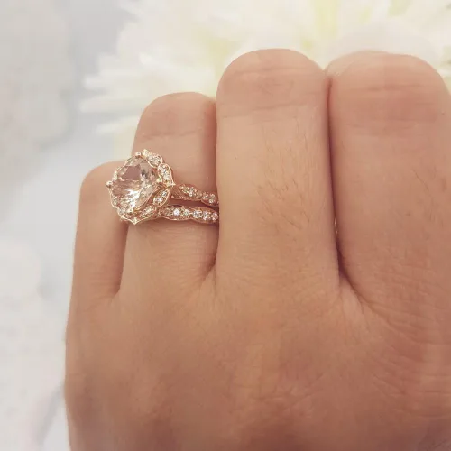 Miniatura 5 de Dazzlingrock Collection Anillo de compromiso de 14 quilates con piedras preciosas acolchadas y diamantes redondos para mujer, oro rosa