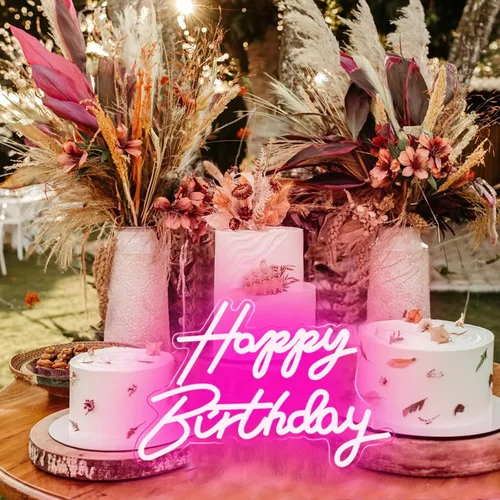 Miniatura 7 de Letrero LED de neón de feliz cumpleaños, luz nocturna, decoración de fiesta de cumpleaños, funciona con USB, color rosa, funciona con USB