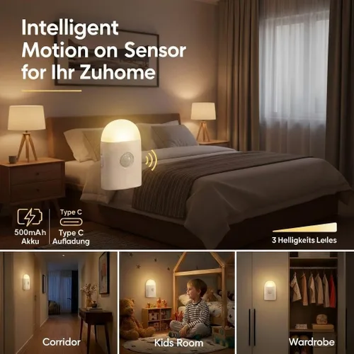 Miniatura 4 de Luz nocturna LED con sensor de movimiento, luz blanca cálida regulable recargable y gancho 2 modes: motion sensor & steady light,3 dimmable