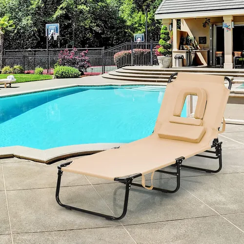 Miniatura 9 de GYMAX Sillón de playa, silla para tomar el sol, silla plegable ajustable reclinable con agujero para cara (1, arena)