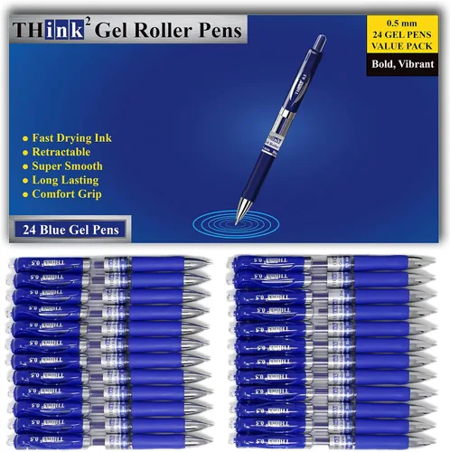[24 Bolígrafos - Tinta Azul] Bolígrafos de Gel Retráctiles Think2. (24 Azul) Punta Fina (0.5mm) Bolígrafos Tipo Roller con Agarre Cómodo.