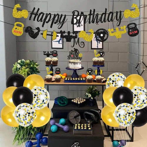 Miniatura 3 de Decoraciones de fiesta de cumpleaños para gimnasio, decoraciones de fiesta temática de fitness negro y dorado para hombres, suministros de fiesta