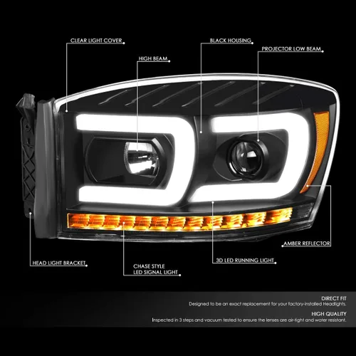 Miniatura 24 de DNA MOTORING HL-HPL-RM06-G-CH-AM LED U-Bar DRL Faros de señal de giro perseguidores compatibles con Dodge Ram 1500 06-08/Dodge Ram 2500 3500 06-09