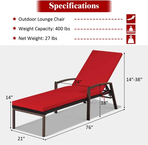 Miniatura 5 de RELAX4LIFE Tumbona para exteriores, silla de piscina de ratán ajustable de 5 posiciones con cojín, silla reclinable, marco de metal, tumbona de Rojo