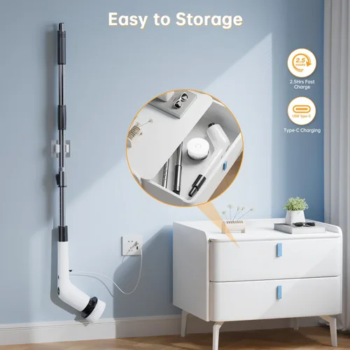 Miniatura 7 de PUFTEM Cepillo Eléctrico Giratorio, Limpiador de Ducha Inalámbrico con 8 Cepillos de Fregar, 2 Velocidades con Mango de Extensión Ajustable