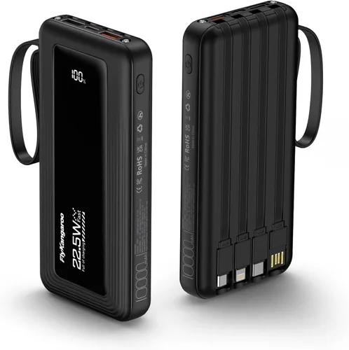 Cargador portátil con cables integrados, batería de 10,000 mAh delgada, carga rápida de 22.5 W, banco de energía con pantalla LED USB C, 6 salidas y
