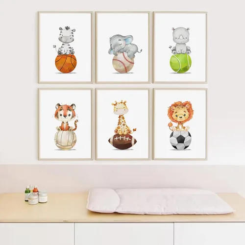 Miniatura 4 de Arte de pared para bebé niño, decoración deportiva para guardería, lienzo de animales de safari, arte de pared de bosque para habitación de bebé